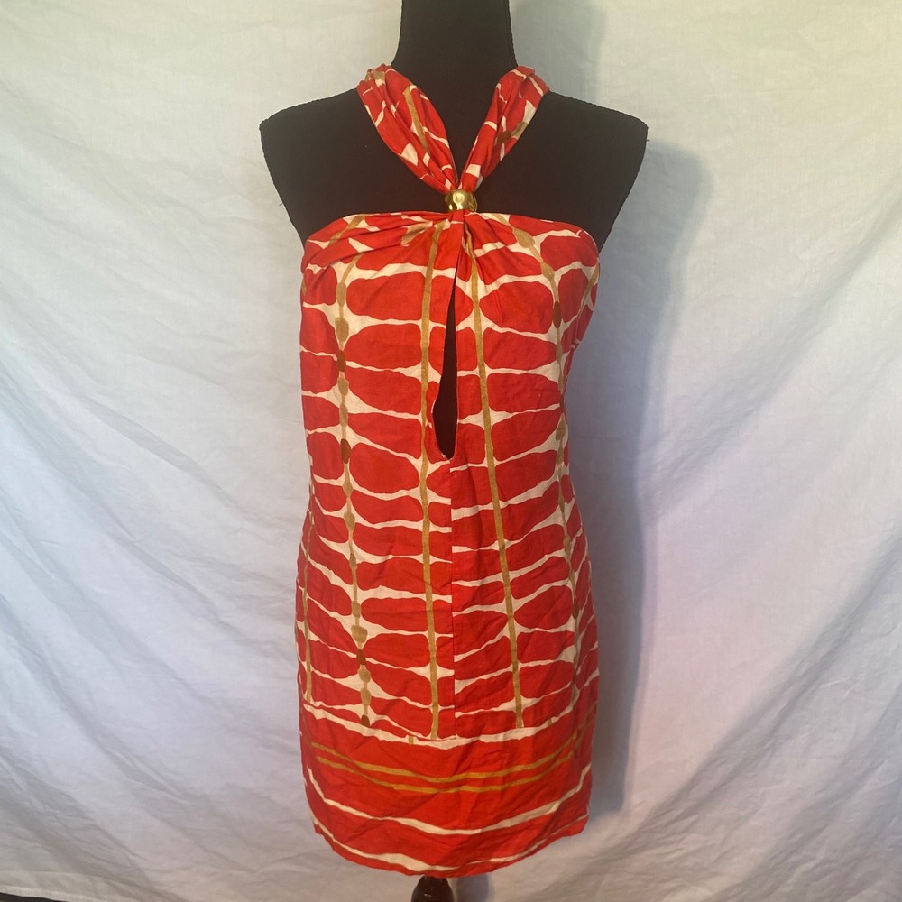 Vix Paula Hermanny Agni Aster Red White Halter Mini Dress Gold Detail XL NWT